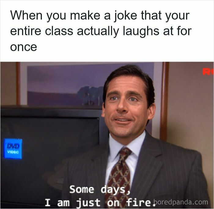 Teacher meme showing a smiling man with text about making a joke his class laughs at, highlighting funny memes for teachers.