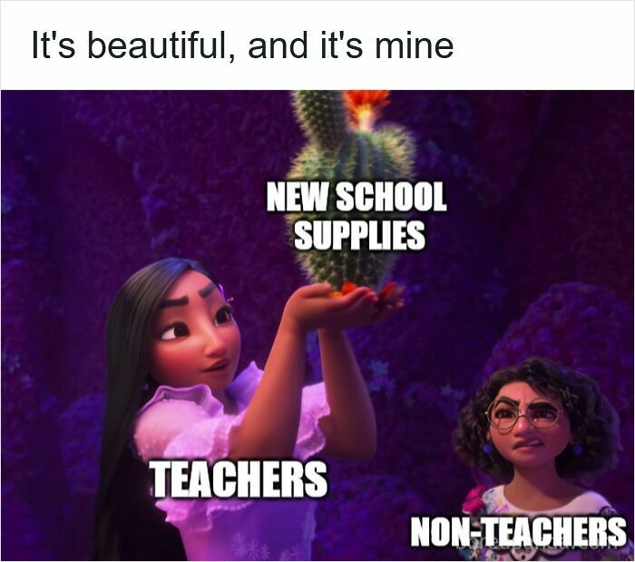 Animated characters from a movie showing teachers valuing new school supplies while non-teachers look confused in a funny meme for teachers.