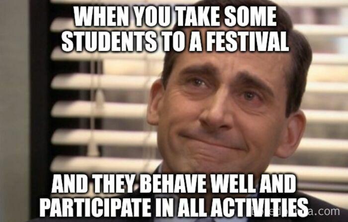 Man with a bittersweet smile in an office setting, expressing rare teacher moments in funny teacher memes.