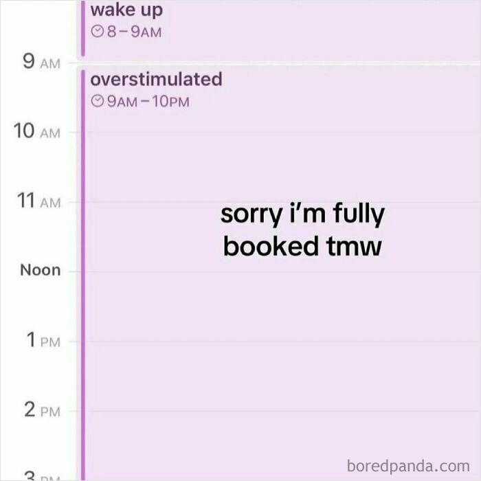 Daily serotonin boost calendar showing overstimulation from 9 AM to 10 PM with a note fully booked tomorrow.