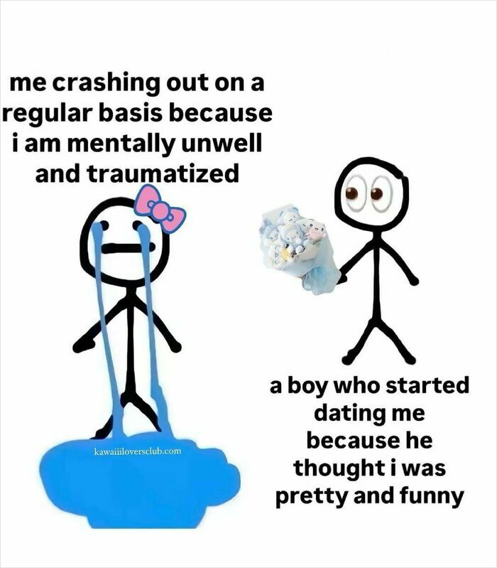 Two stick figures depicting mental health struggles and support, illustrated to boost serotonin with cute imagery.