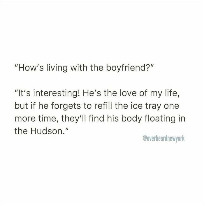 Text conversation about living with a boyfriend, featuring a humorous take on dating and relationships.