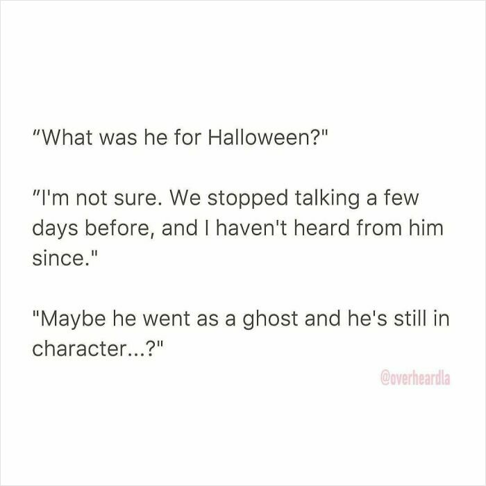Text conversation about dating humor where one wonders if a ghost costume means someone is still in character.