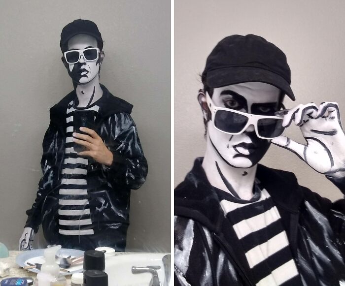 Person in creative Halloween costume with black and white face paint, striped shirt, and sunglasses posing for mirror selfies.