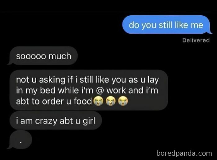 Text message exchange showing affectionate chat, offering food and expressing feelings, boosting serotonin with sweet communication.