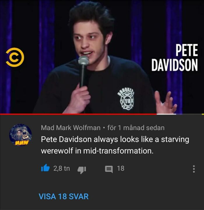 Comedian Pete Davidson performing on stage with a hilarious YouTube comment visible below the video frame.