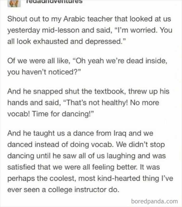 Text post about an Arabic teacher boosting students' serotonin with dancing to improve mood and well-being.