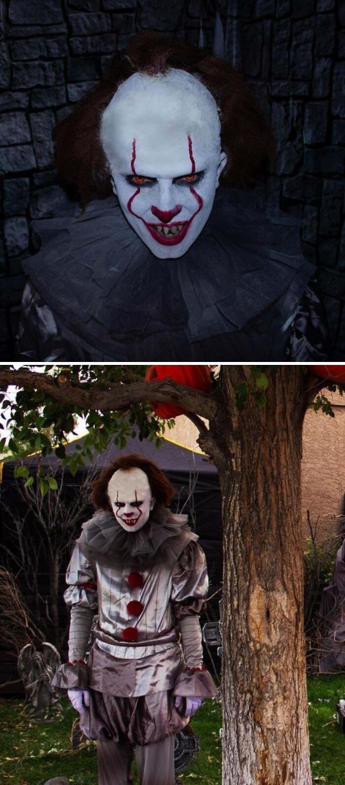 Scary Pennywise clown costume showcasing creative Halloween costume ideas with detailed makeup and eerie setting.