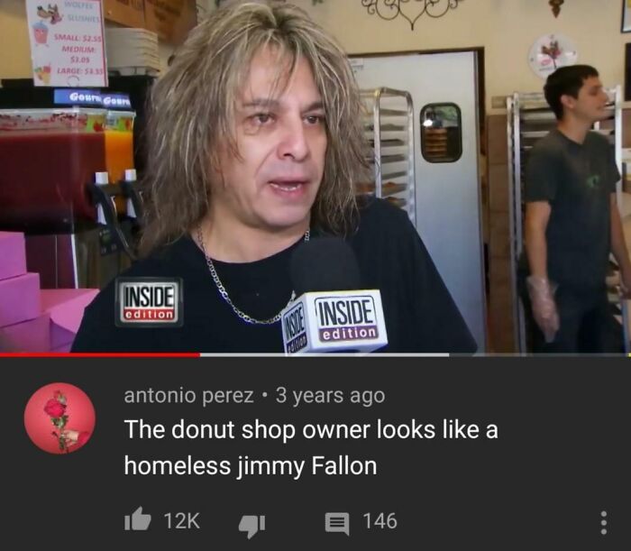 Man with messy hair being interviewed in a donut shop paired with a hilarious YouTube comment screenshot.