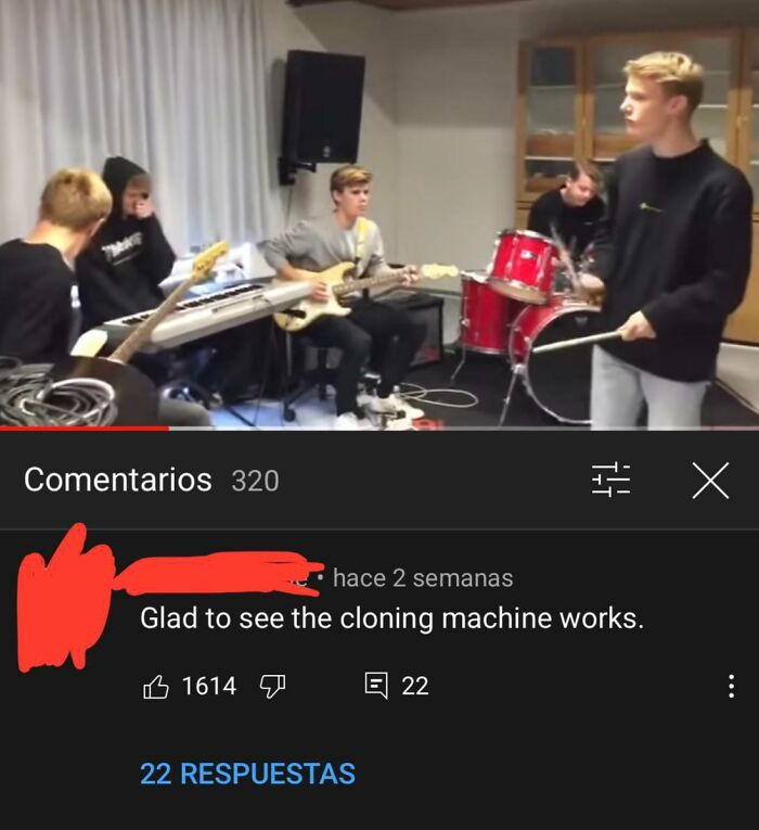 Group of young musicians playing instruments in a room with hilarious YouTube comments visible below the video.