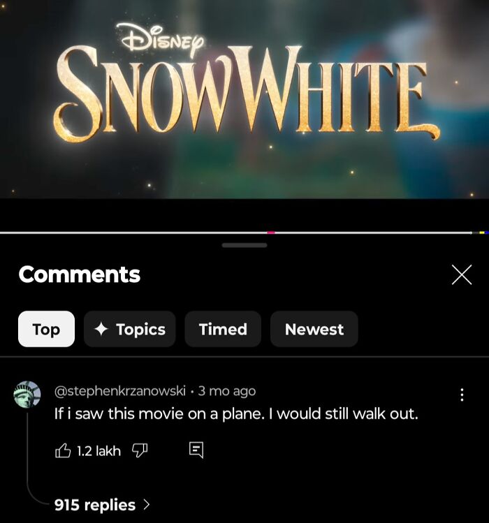 YouTube video showing Disney Snow White title with hilarious top comment and 1.2 lakh likes displayed