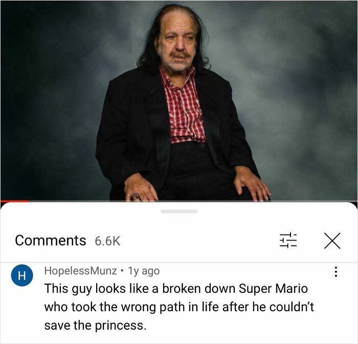 Man in worn black suit and red plaid shirt shown above hilarious YouTube comments about video content.