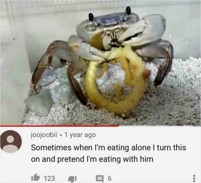 Crab holding a curly fry with funny YouTube comment about eating alone and pretending to share a meal.