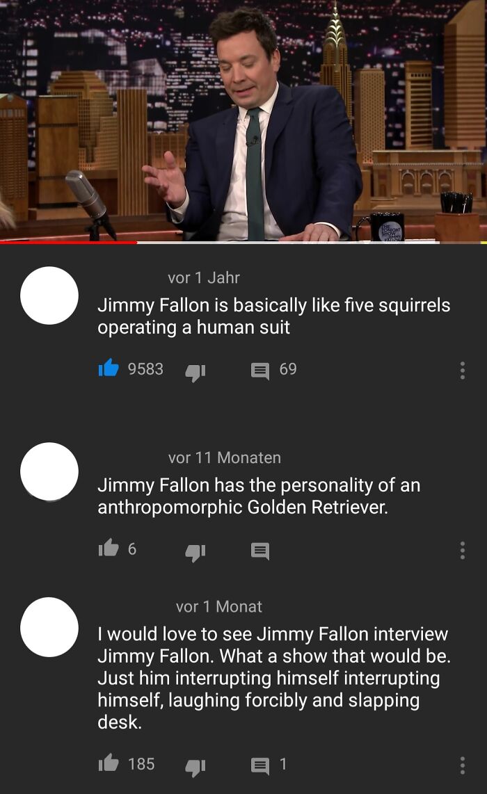 Jimmy Fallon hosting a late night show with hilarious YouTube comments highlighted below the video screen.