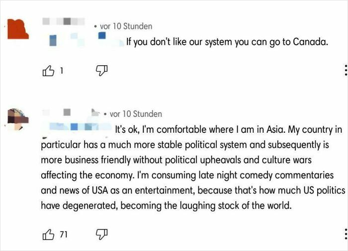 YouTube screenshot showing humorous comments discussing political systems with likes and dislikes icons.