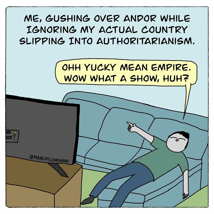 Person lounging on a couch watching TV, illustrating relatable comics about life’s little absurdities and distractions.