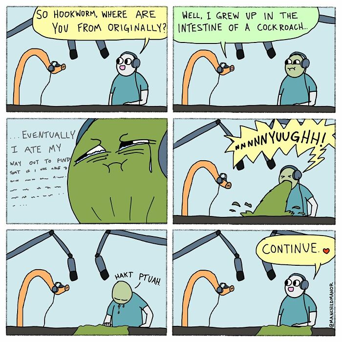 Comic strip showing a humorous podcast interview illustrating life's little absurdities with quirky characters and dialogues.