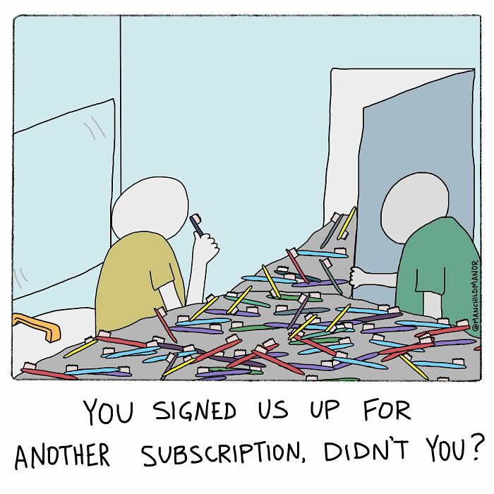 Person looking at a mirror surrounded by many toothbrushes, illustrating relatable comics about life's absurdities.