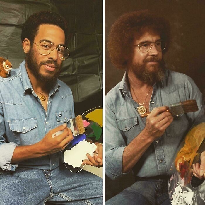 Man dressed as Bob Ross holding paintbrush and palette demonstrating creative Halloween costume ideas concept.
