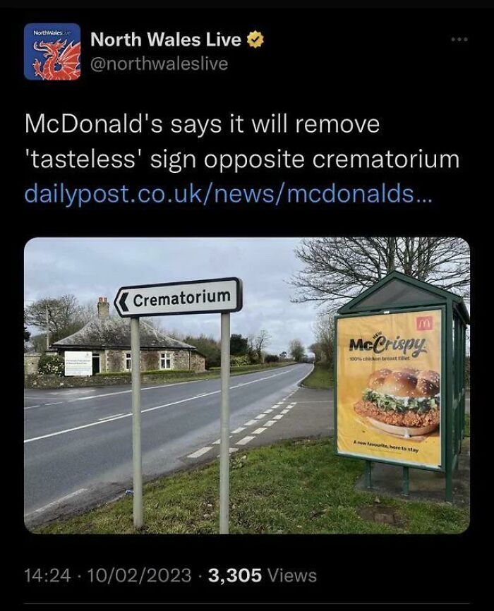 Tweet about McDonald's removing tasteless sign near crematorium with a photo of road sign and McCrispy ad poster.