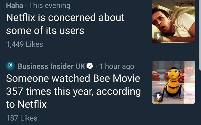 Screenshot of hilarious social media posts about Netflix users and Bee Movie, perfect for instant memes.