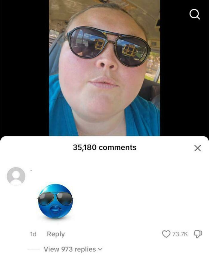 Close-up selfie of a person wearing sunglasses with a viral post and 35,180 comments on a hilarious meme photo.