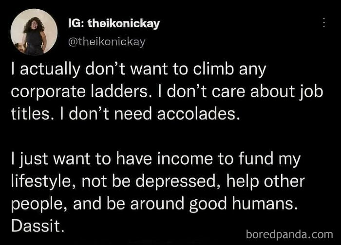Instagram work meme about rejecting corporate ladders and valuing income, mental health, and good human connections.