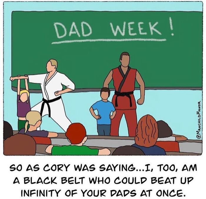 Comic about dads in a classroom with black belts teaching kids, illustrating relatable life absurdities humorously.