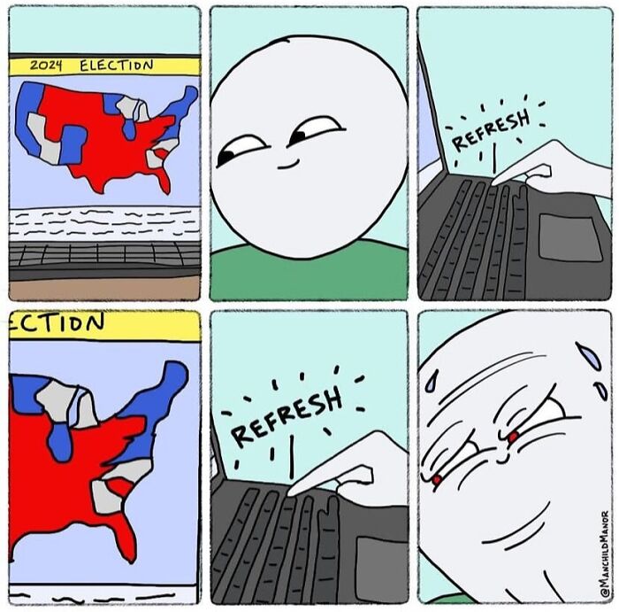 Comic panels showing a person anxiously refreshing election results on a laptop, depicting relatable life absurdities.