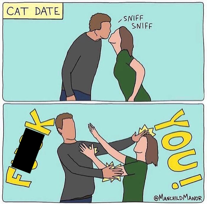 Comic depicting a relatable moment of a "cat date," showing humorous and absurd social interaction between two people.