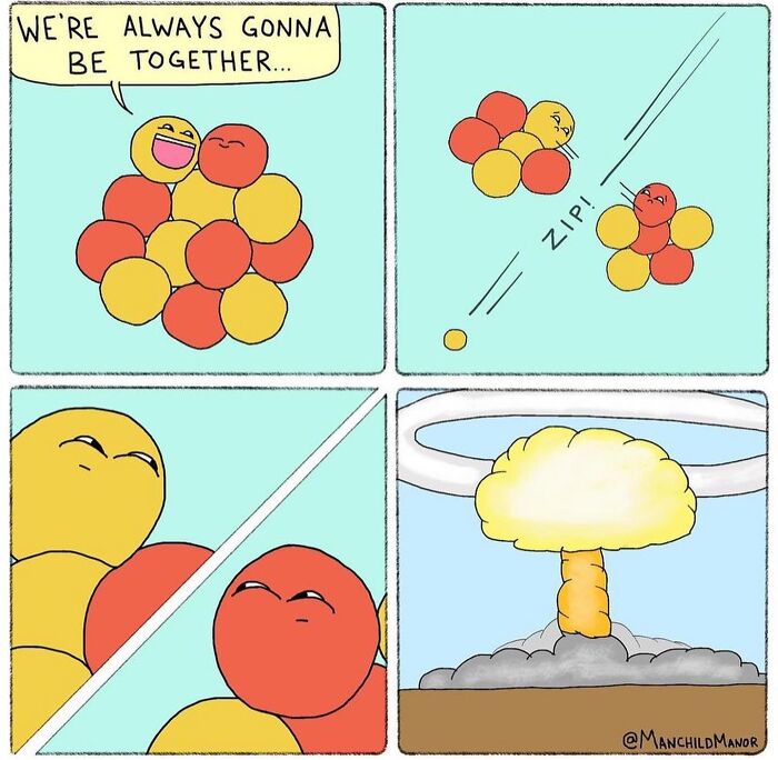 Relatable comics depicting colorful characters separating and causing a chaotic explosion representing life’s absurdities.