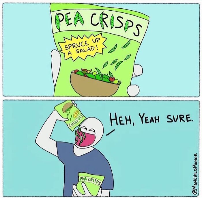 Comic illustrating life’s little absurdities with a character snacking on pea crisps while sprucing up a salad.