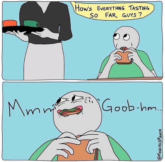 Comic showing relatable life absurdity where character awkwardly responds to food taste while sweating nervously at the table.