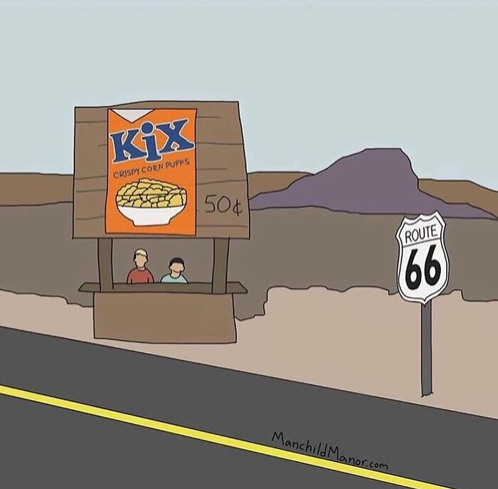 Two people at a roadside stand selling Kix cereal for 50 cents on Route 66 in a relatable comics about life's absurdities.