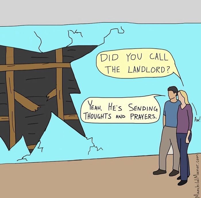 Couple standing by a broken wall, discussing calling the landlord in a relatable comic about life’s little absurdities.