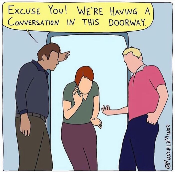 Three people in a doorway, one telling another to stop as they have a relatable comics conversation about life’s little absurdities.