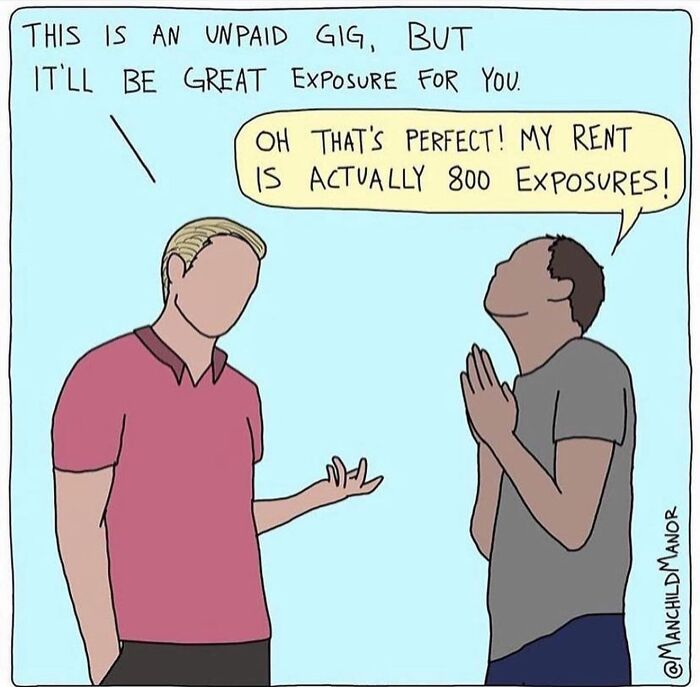 Two people humorously discussing an unpaid gig as a relatable comic about life’s little absurdities.