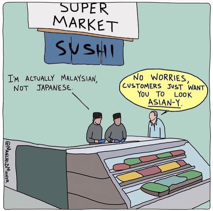 Comic depicting a relatable life absurdity in a supermarket sushi section with a cultural identity mix-up joke.