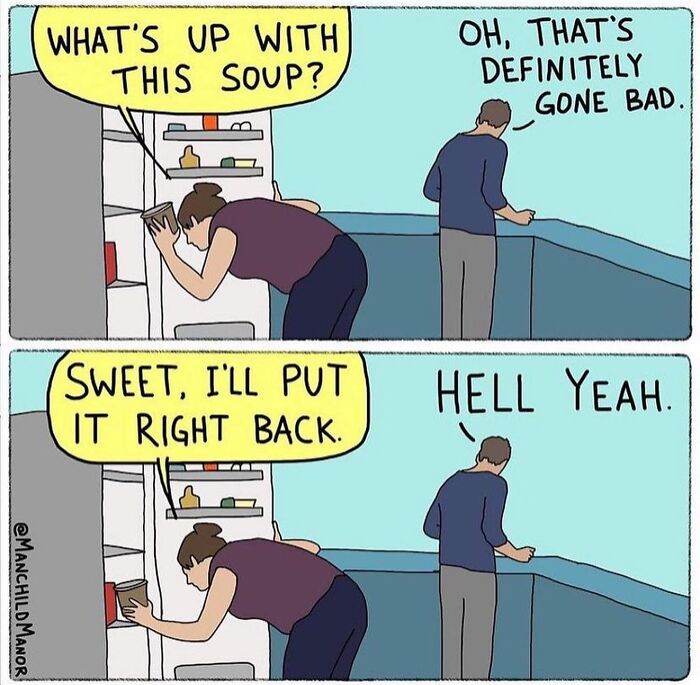 Two-panel comic showing a woman checking soup in the fridge and a man confirming it has gone bad, comic about life absurdities.