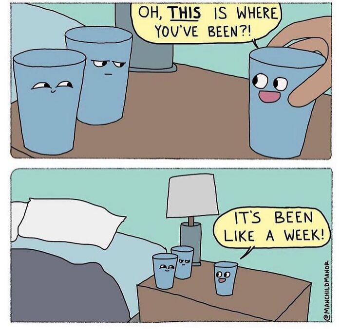Comic about life’s little absurdities showing animated drinking glasses humorously discussing time apart on a bedside table.