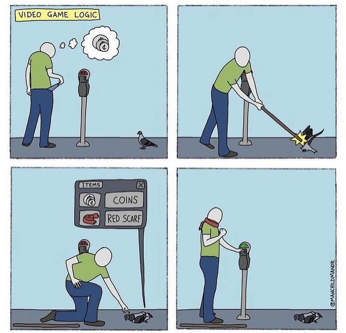 Comic illustrating video game logic with a character using items to interact with a parking meter, showing relatable life absurdities.