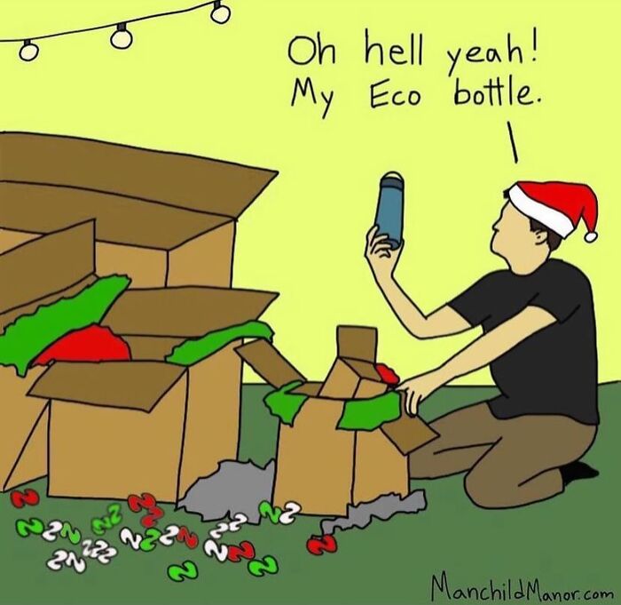 Person wearing Santa hat excitedly holds eco bottle among holiday boxes in a relatable comic about life’s little absurdities.