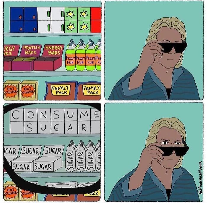 Person wearing sunglasses at a store realizing the hidden message about sugar in relatable comics on life absurdities.