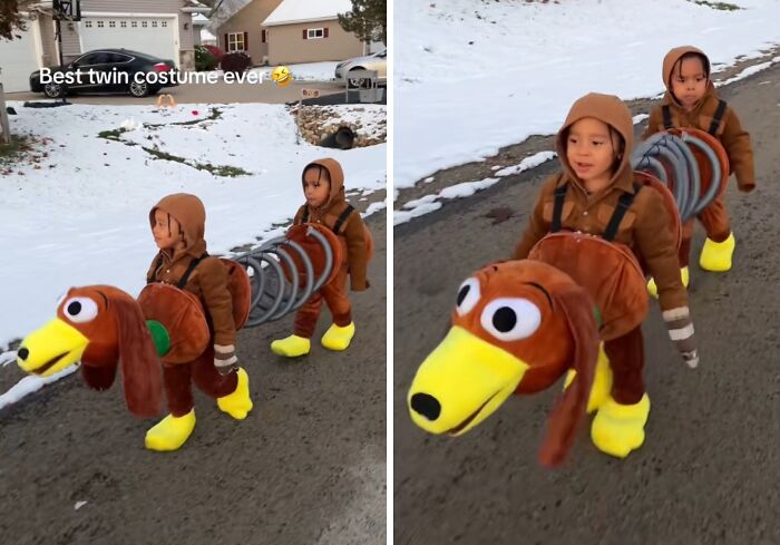 Two kids wearing creative Halloween costumes as a springy dachshund dog walking outside on a snowy day