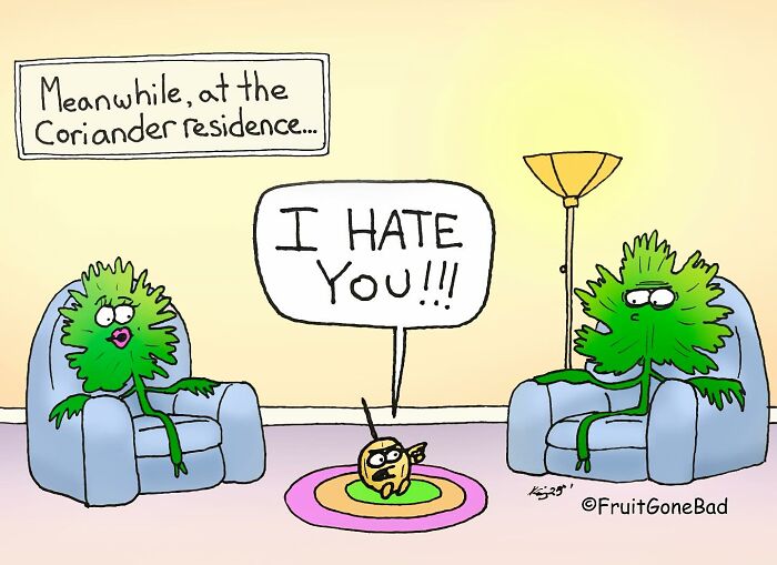 Comic of angry coriander leaves in armchairs with a seed shouting I hate you in a funny produce cartoon.