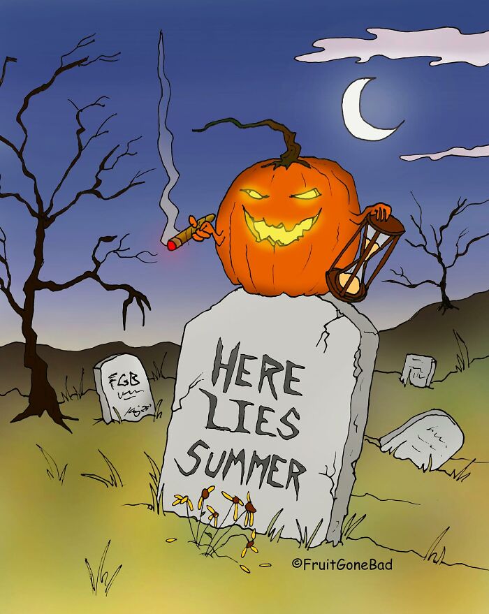 Pumpkin with a sinister face smoking a cigar, holding an hourglass on a tombstone that says Here Lies Summer in a comic style.