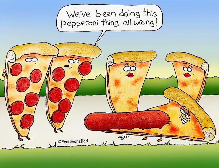 Four animated pizza slices with faces, one holding a large pepperoni, in a humorous fruit gone bad comic style.
