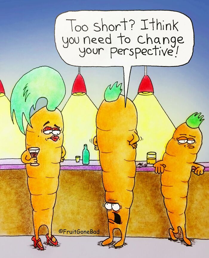 Cartoon carrots at a bar with one telling another to change perspective in a funny fruit gone bad comic.