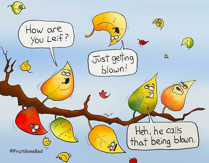 Funny comic with animated leaves talking and falling from a tree, illustrating fruit gone bad humor with playful characters.