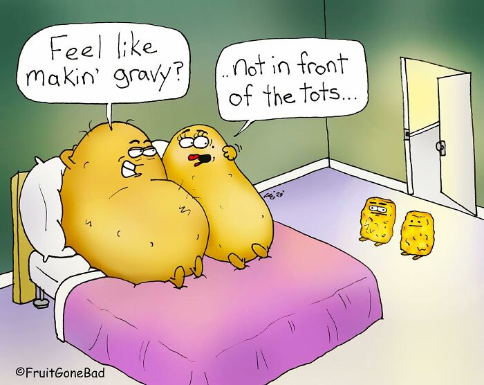 Two funny animated potatoes in bed talking while two smaller tots watch nearby in a Fruit Gone Bad comic.